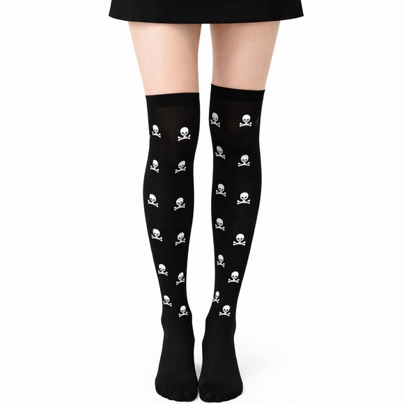 MoonFlowerBtq Accessories - Black Skull Knee High Socks Goth Alt Grunge Y2K Punk Harajuku